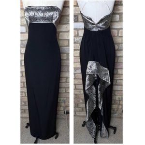 MARCHESA NOTTE black silver strapless silk column gown with cascading ruffle